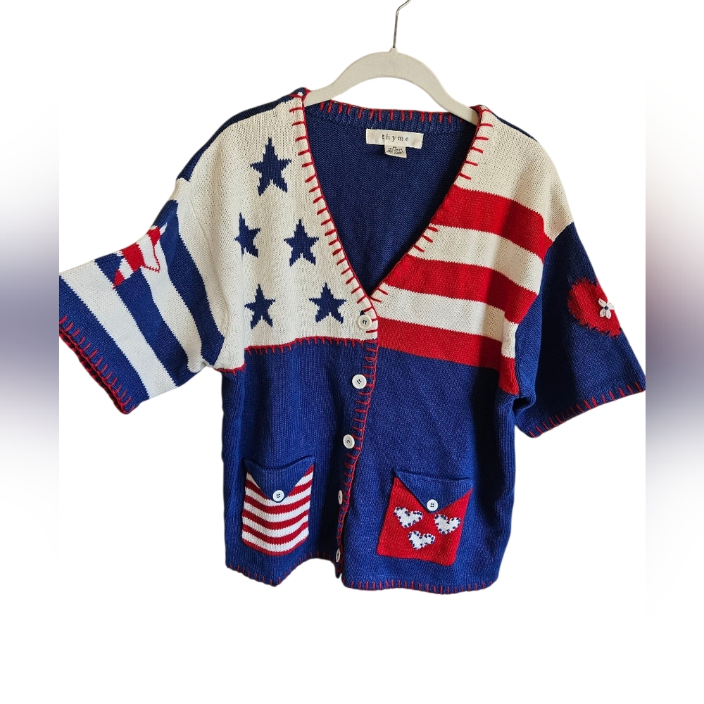 Vintage 80s American Flag Stars & Strips Knit Button Up Cardigan Size XL.